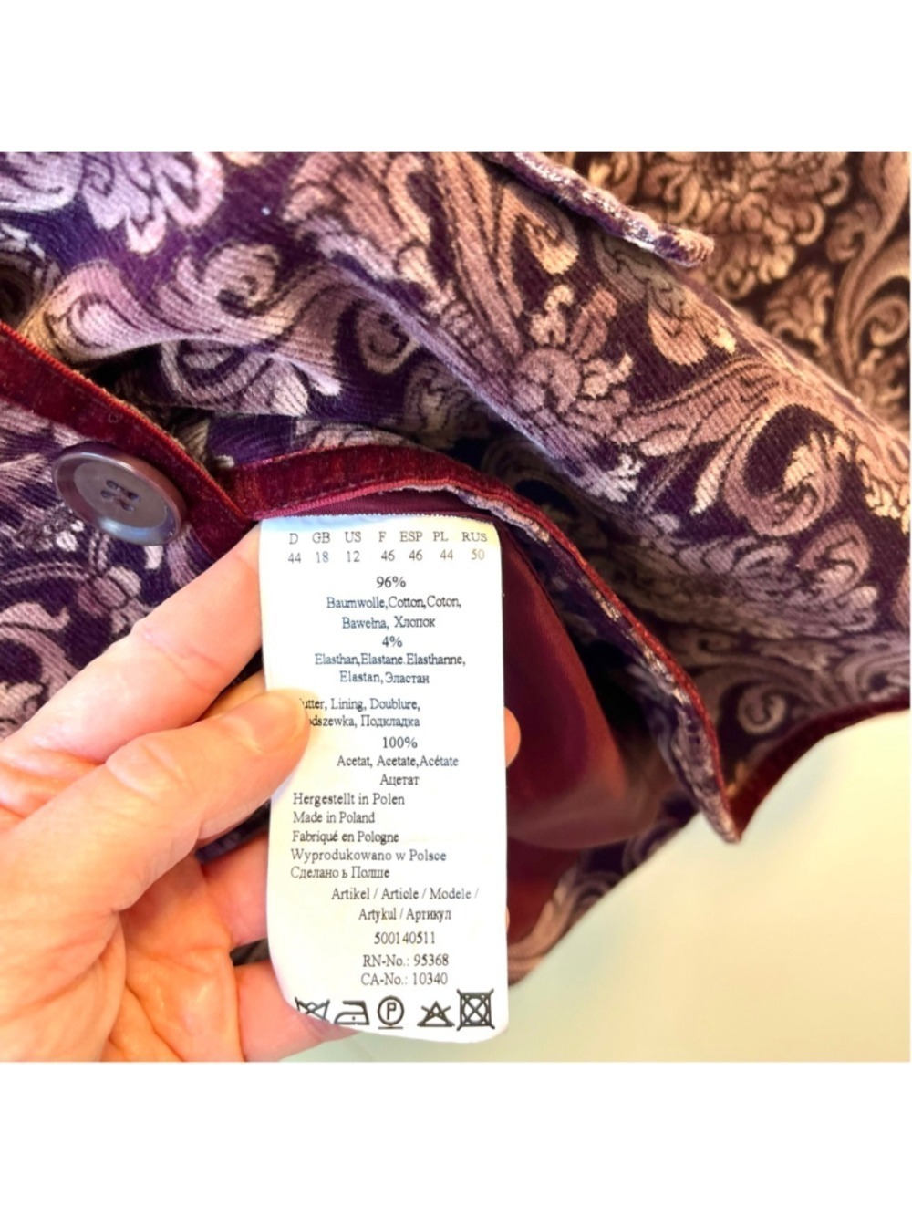 Olsen Europe Plum Purple Velvet Floral Baroque Blazer Jacket Vintage Y2K Size 12 - Picture 13 of 14